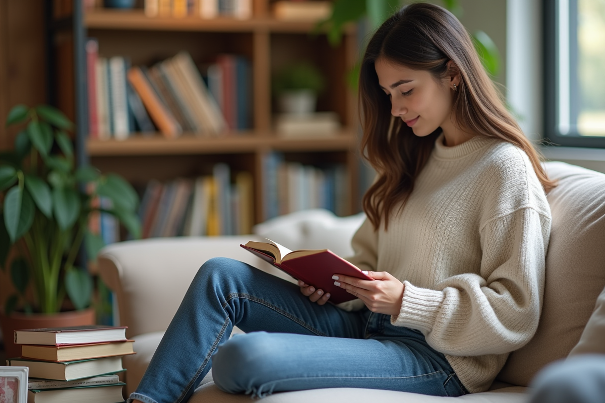 Jeune femme lisant un ebook dans un salon cosy