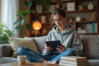 Jeune femme lisant manga sur tablette dans un salon moderne