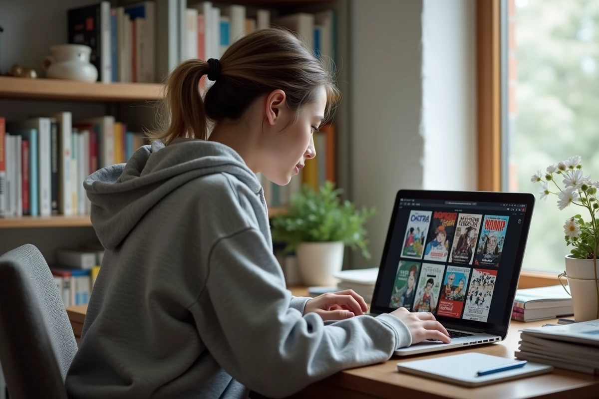 Jeune femme lisant manga sur son ordinateur portable à la maison