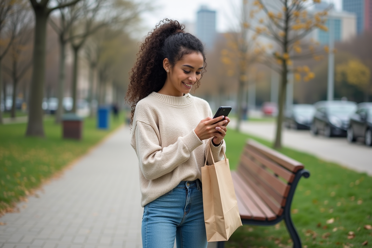 Jeune femme dans un parc utilisant son smartphone pour Orange