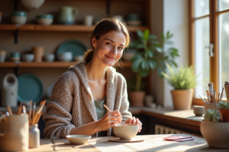 Jeune femme en cardigan peint un bol en céramique dans un atelier lumineux