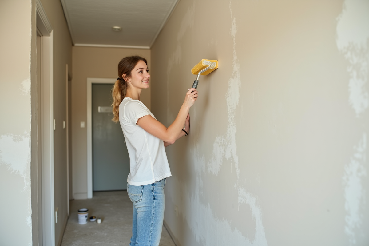 Jeune femme appliquant un enduit dans un couloir