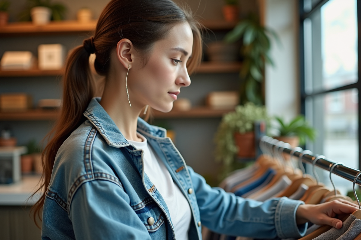 Jeune femme portant une veste en denim recyclé et t-shirt bio dans une boutique écologique