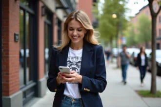 Jeune femme élégante en ville souriante avec téléphone
