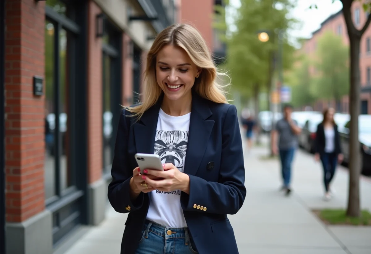 Jeune femme élégante en ville souriante avec téléphone