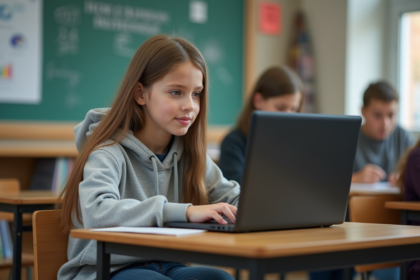 Jeune fille au lycée utilisant un ordinateur avec MBN