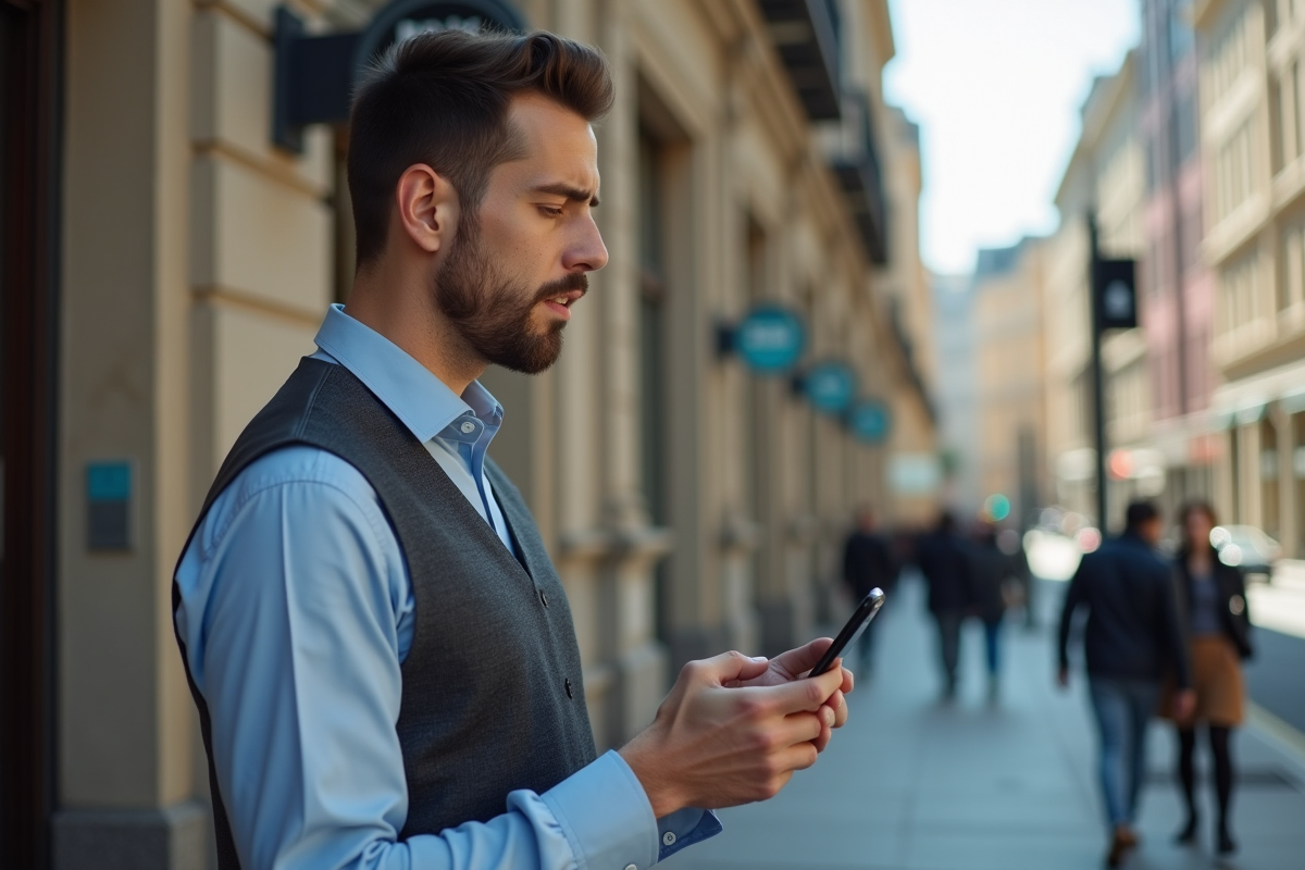 Jeune professionnel regardant son smartphone devant une banque urbaine