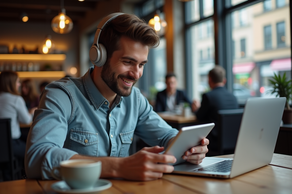 Jeune homme avec tablette dans un café urbain animé