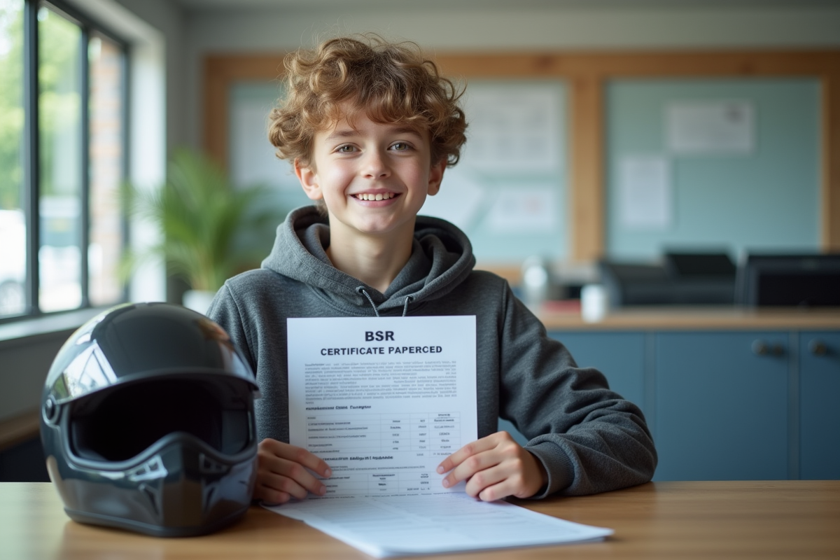 Adolescent tenant un casque moto et certificat BSR à un comptoir