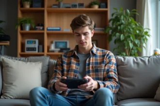 Jeune homme jouant à une console portable dans un salon cosy