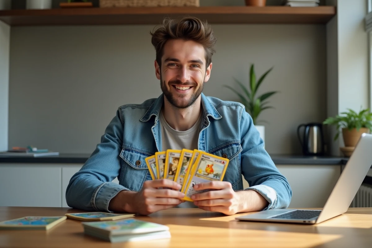 Jeune homme souriant avec cartes Pokémon dans un appartement lumineux