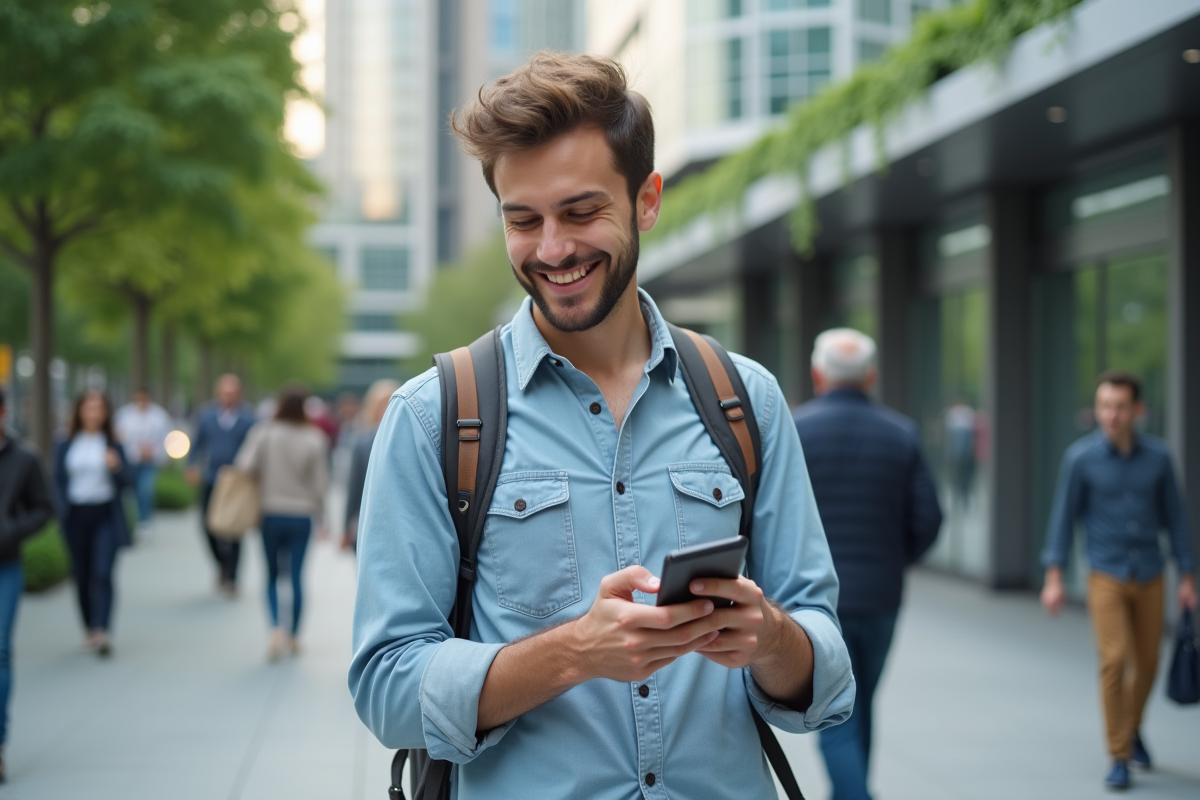 Jeune homme utilisant son smartphone pour des services bancaires en extérieur