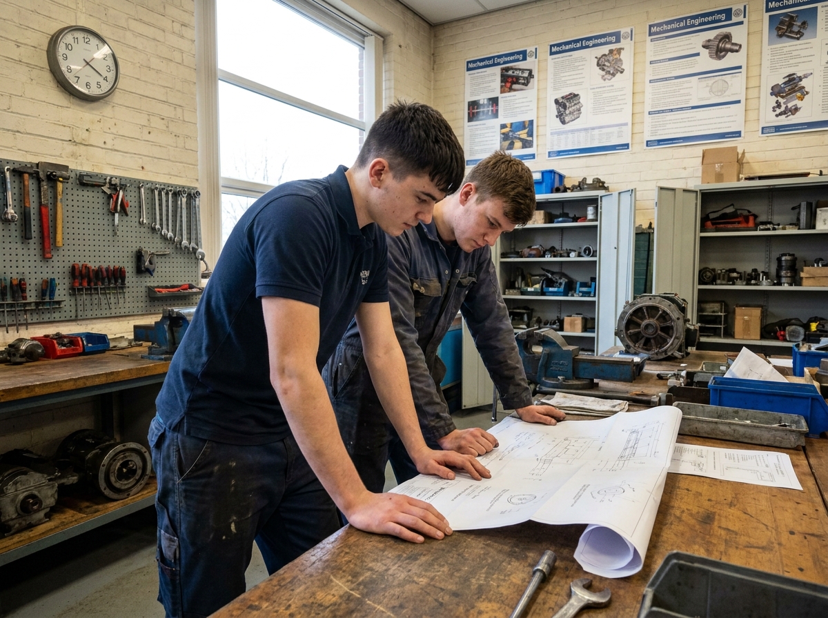 Jeune homme en atelier étudiant un plan de projet avec un collègue