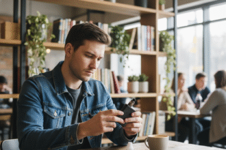 Jeune homme examine une vape dans un café moderne