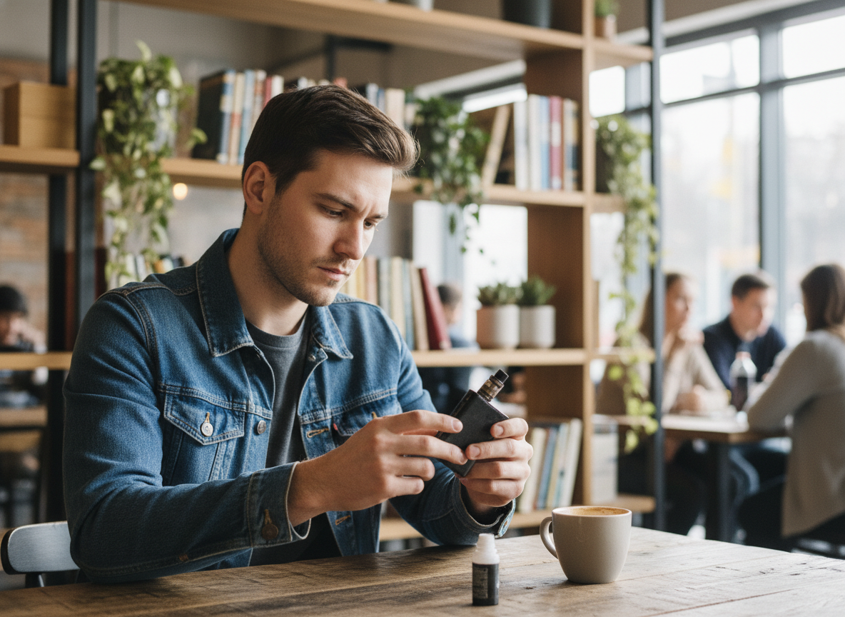 Jeune homme examine une vape dans un café moderne