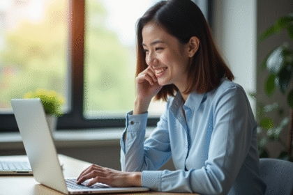 Jeune professionnel souriant utilisant un ordinateur portable