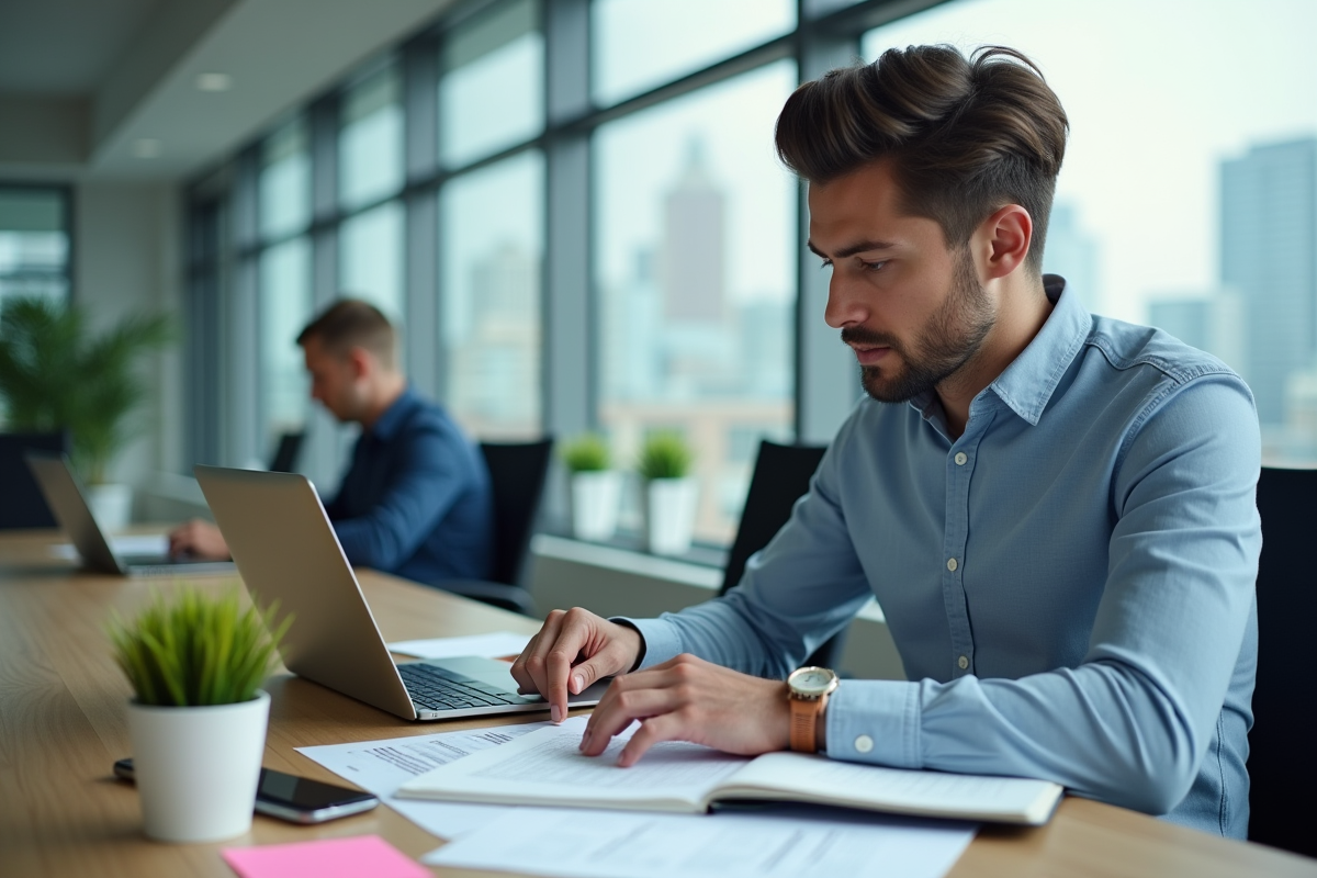 Jeune homme professionnel organisant des pages de données au bureau