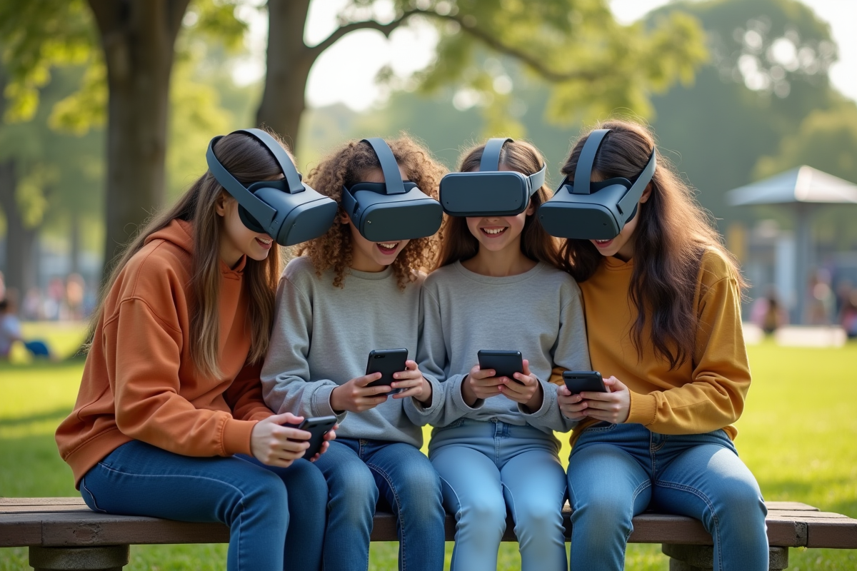 Jeunes utilisant des casques de réalité augmentée dans un parc urbain
