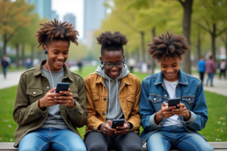 Trois adolescents en streetwear dans un parc urbain