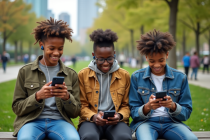 Trois adolescents en streetwear dans un parc urbain