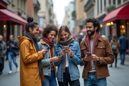Groupe de jeunes adultes dans une ville dynamique partageant des sourires