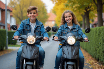 Adolescents souriants sur motos denim dans un quartier résidentiel