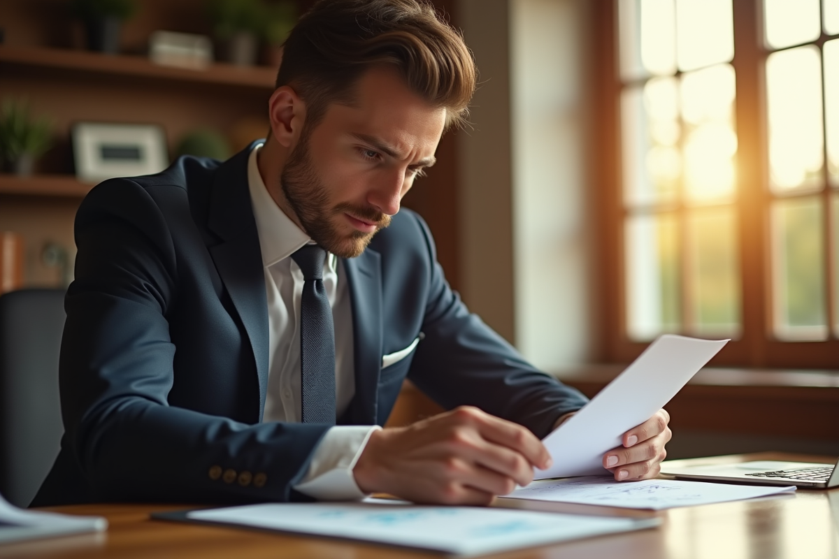 Jockey élégant examinant des documents financiers à un bureau lumineux
