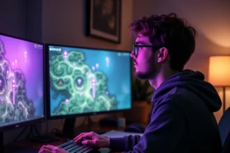 Joueur concentré sur sa quête Dofus Pourpre devant un écran affichant une carte RPG avec des marqueurs violets