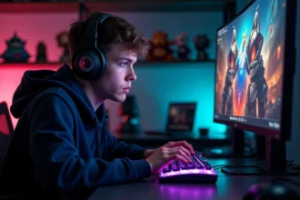 Joueur de TFT concentré devant son setup gaming avec clavier mécanique et interface colorée reflétée sur son visage
