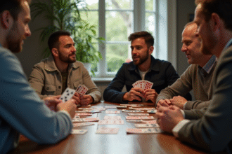 Quatre personnes jouent au poker autour d'une table lumineuse