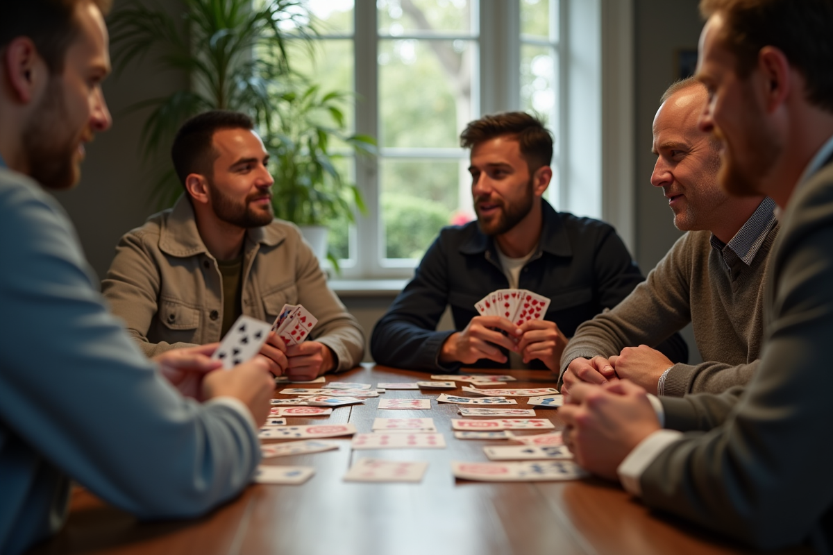 Quatre personnes jouent au poker autour d'une table lumineuse
