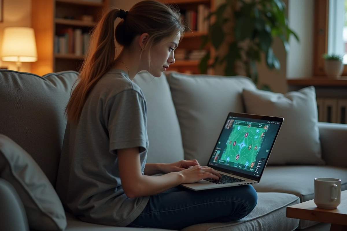 Joueuse analysant une composition TFT sous-estimée sur son ordinateur portable installée dans son salon