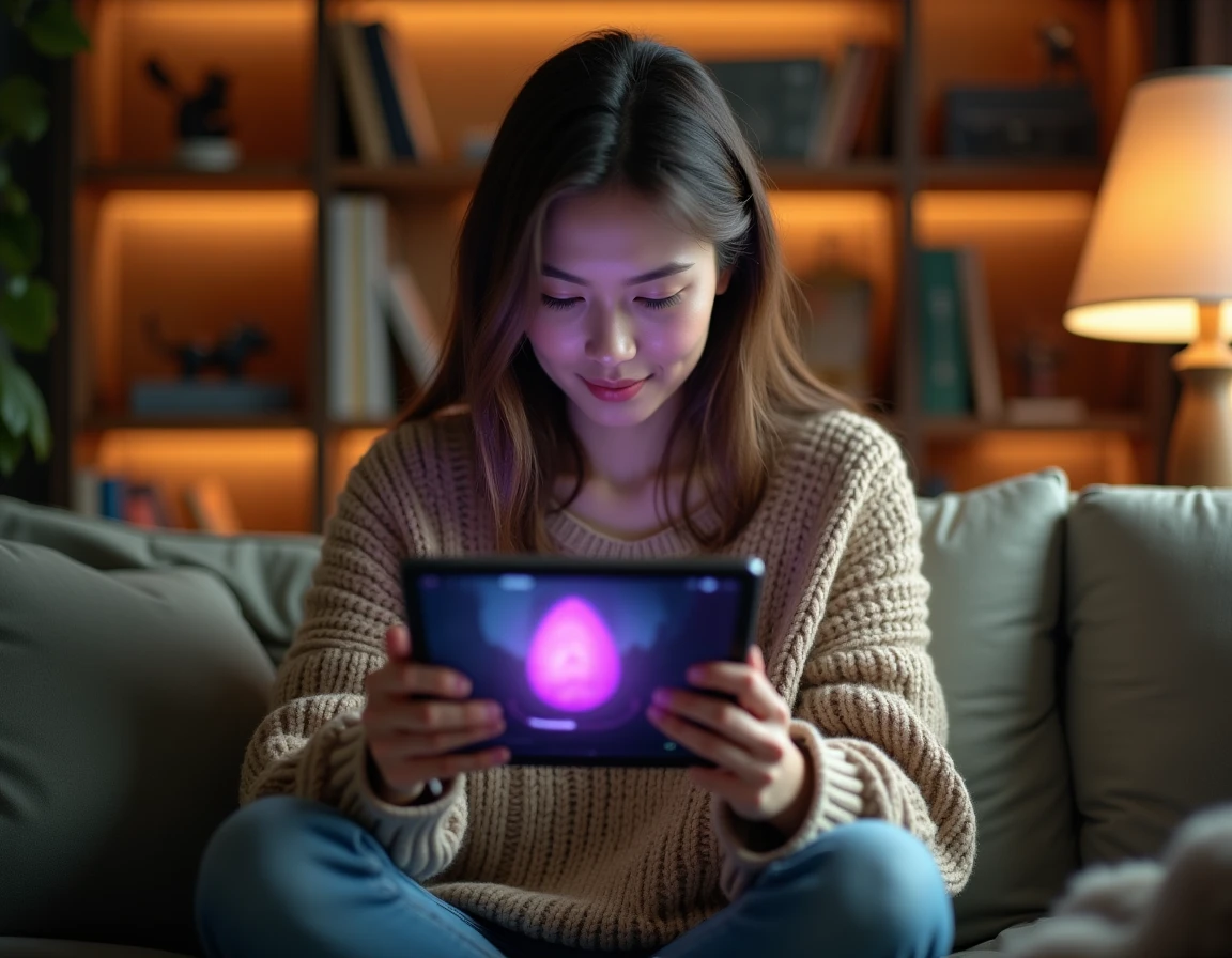 Joueuse consultant un guide de quête Dofus Pourpre sur tablette depuis son canapé dans un salon chaleureux