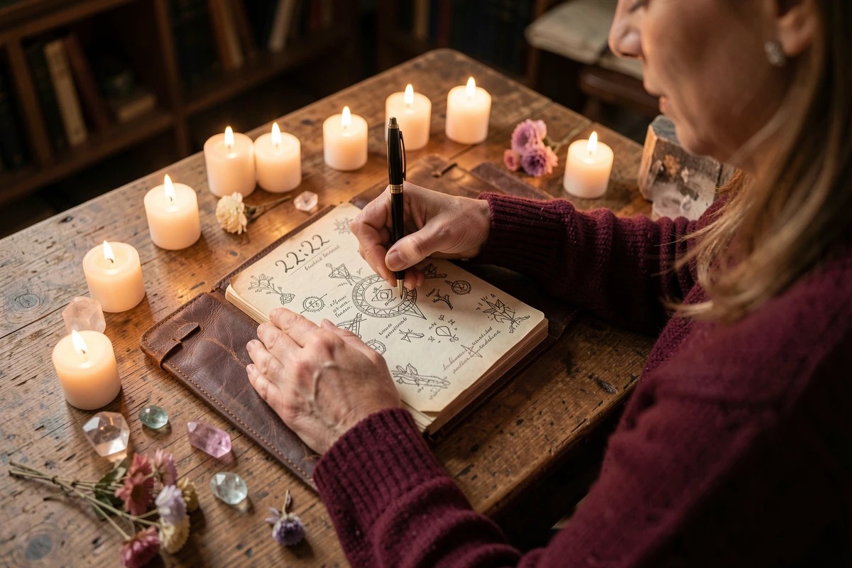 Femme écrivant dans un journal spirituel entouré de cristaux et de bougies avec le numéro 22h22 inscrit en haut de la page, rituel d'amplification énergétique
