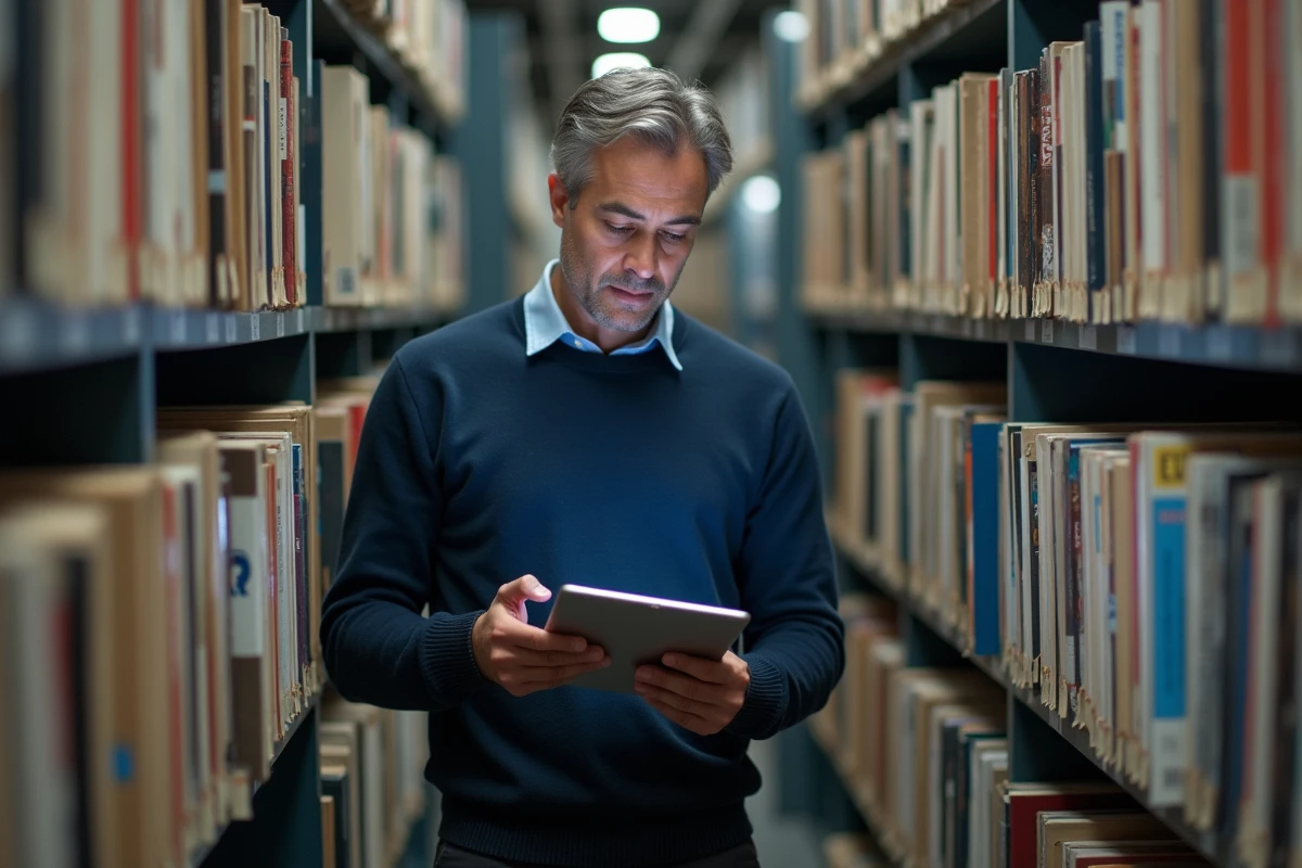 Journaliste tenant une tablette numérique dans une salle d'archives de presse imprimée, symbolisant la coexistence des médias culturels traditionnels et en ligne