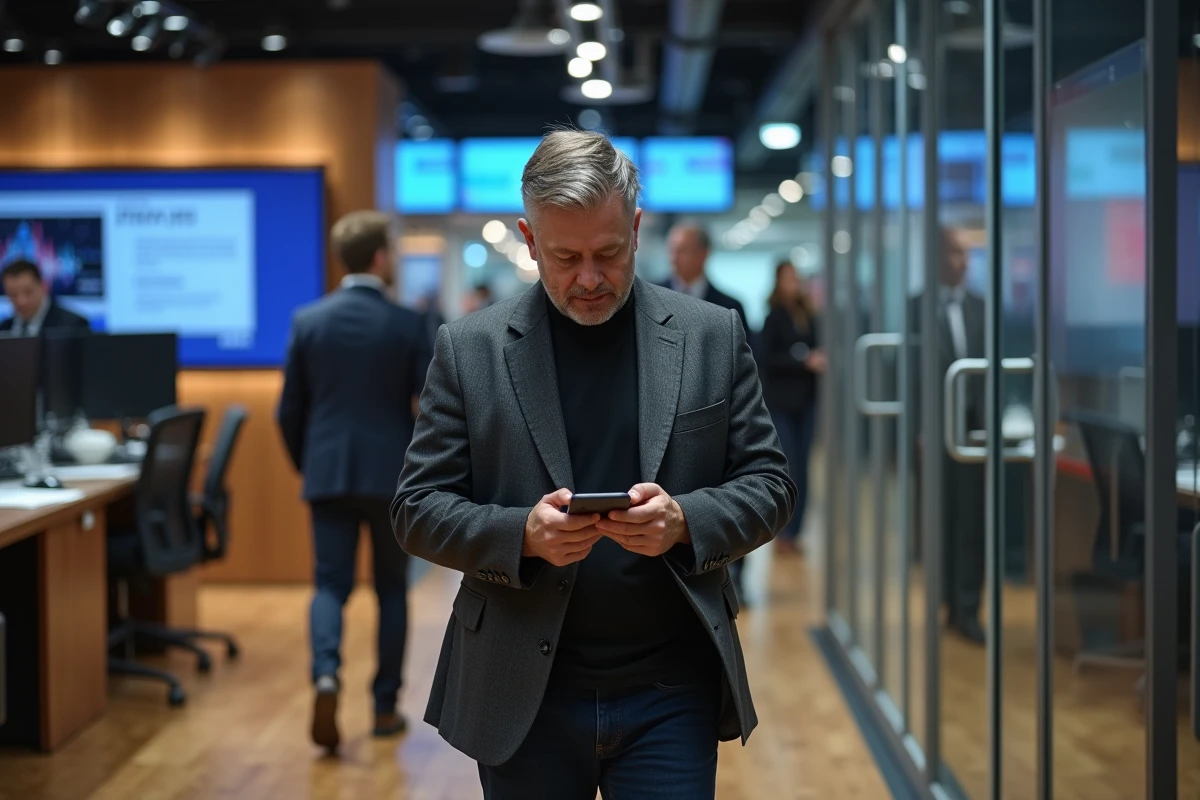 Journaliste en déplacement dans une salle de rédaction animée