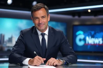 Journaliste français en studio télévision professionnel