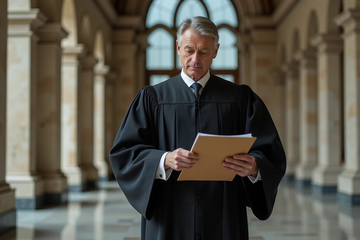 Juge dans un couloir de palais de justice examinant un dossier lié au non-respect d'une ordonnance judiciaire
