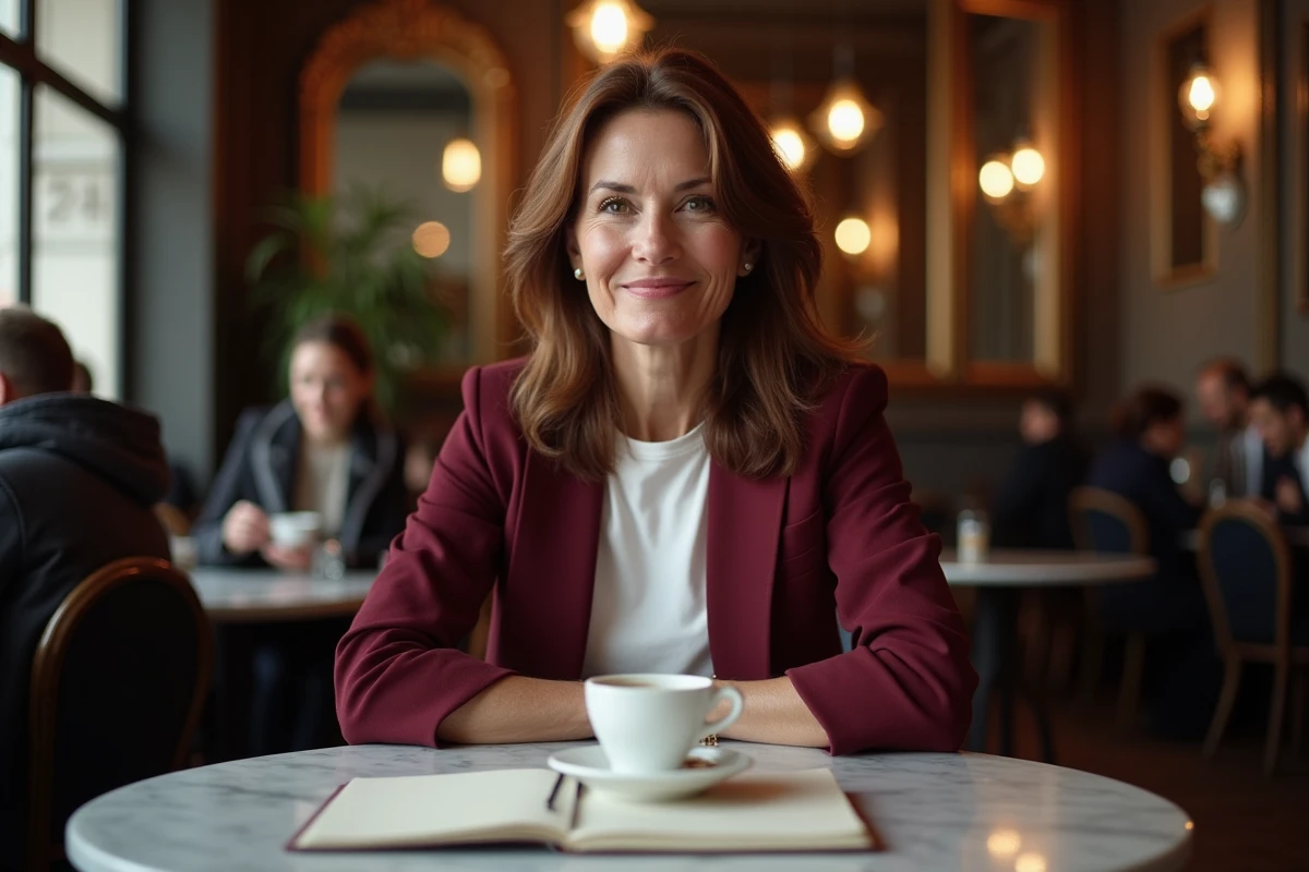 Juliette Plumecocq-Mech assise dans une brasserie parisienne classique, regard direct et attitude détendue
