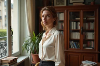 Portrait de Juliette Plumecocq-Mech dans un appartement parisien élégant, ambiance chaleureuse et raffinée