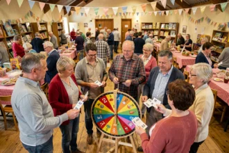 Groupe d'adultes participant à une tombola lors d'une kermesse associative dans une salle des fêtes décorée
