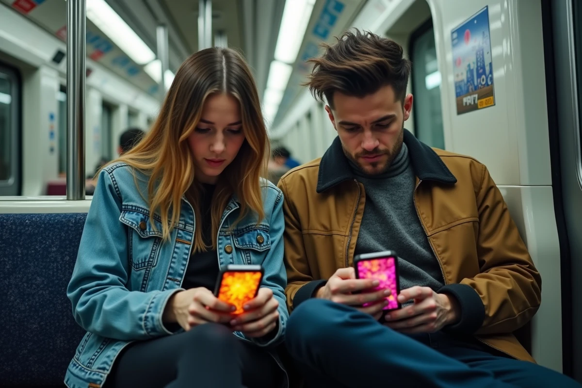Deux jeunes adultes lisant des webtoons de science-fiction sur smartphone dans le métro en mode commute