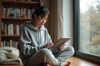 Jeune femme lisant un webtoon de science-fiction sur tablette dans un appartement minimaliste entouré de mangas
