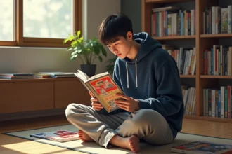 Jeune homme lisant un manga One Piece dans une chambre japonaise entourée de volumes de mangas