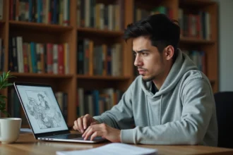 Jeune homme lisant des mangas sur un site de scans en ligne depuis son ordinateur portable à son bureau