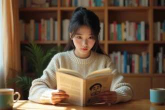 Jeune femme lisant un manhwa coréen Just Friends à son bureau, ambiance cosy librairie manga