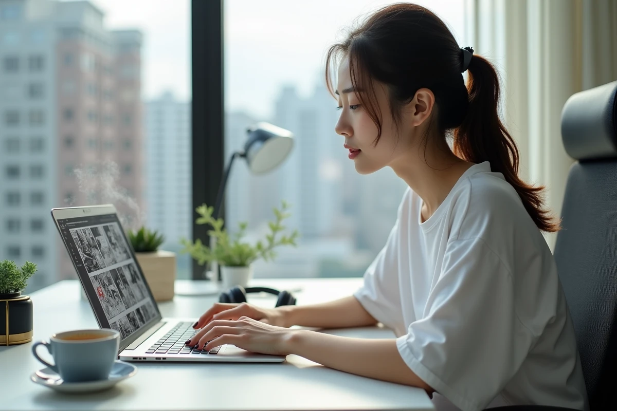Jeune femme lisant le scan One Piece en ligne sur son ordinateur portable dans un appartement moderne