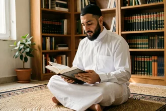 Homme musulman lisant le Coran sur un tapis de prière chez lui le vendredi