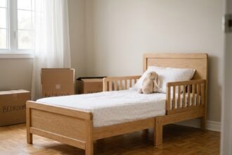Lit d'enfant en bois chêne clair installé dans une chambre en cours d'aménagement avec cartons de déménagement en arrière-plan