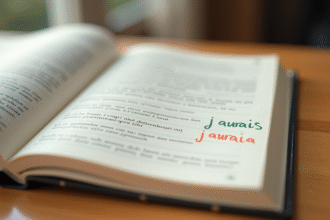 Livre de grammaire française ouvert avec notes sur 'j'aurais' et 'j'aurai'